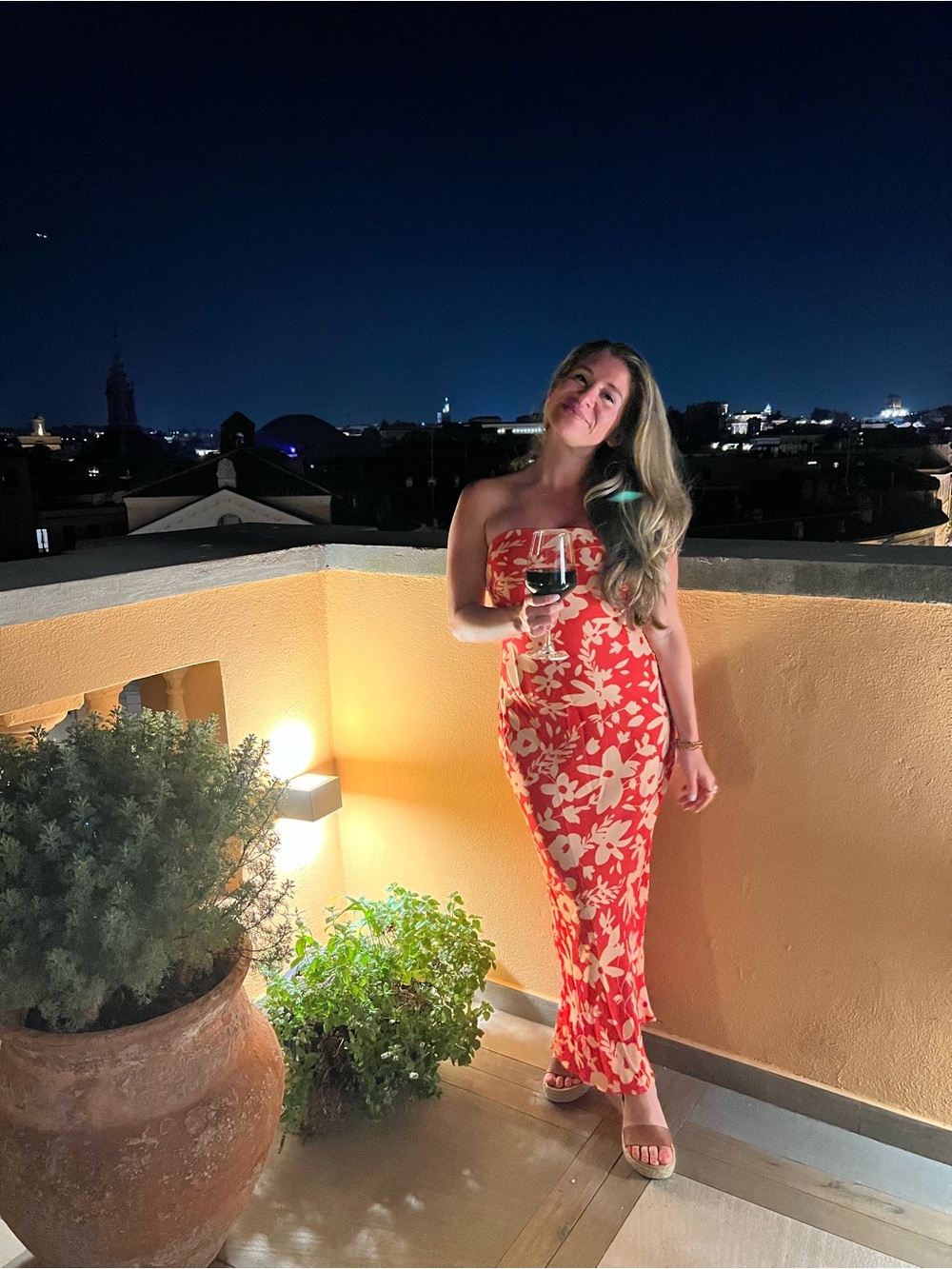 RESA Red and Cream Floral Strapless Dress